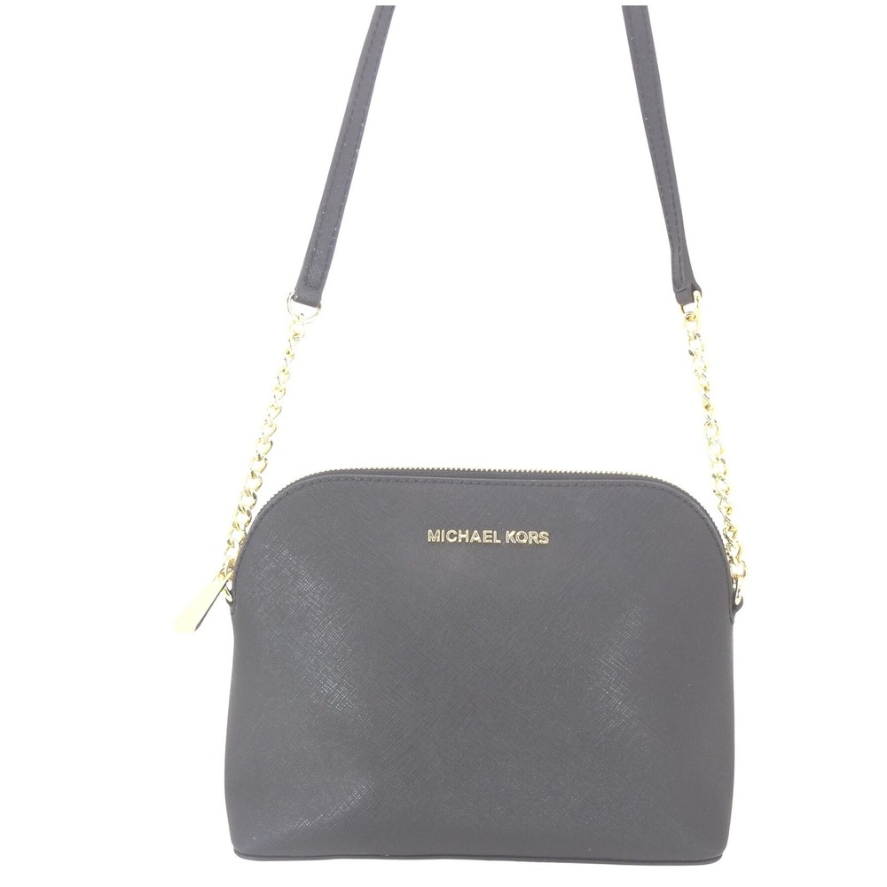 Michael Kors Cindy Dome Crossbody Black Excellent Saffiano Leather Gold Chain